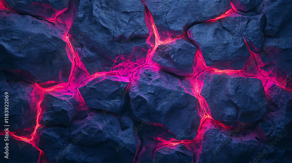 Poster texture background of a rock with glowing neon cracks in the stones