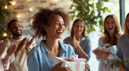 Obraz premium Group of happy friends and family gathered around a mother-to-be, all smiling and clapping as she opens baby gifts.