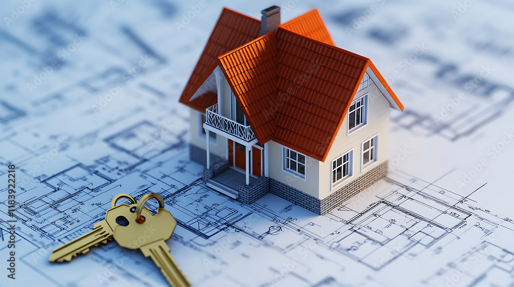 Poster the close up conceptual image of a tiny architectural house 3d model isolated on a blueprint or layo