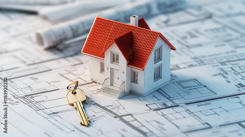 Fototapete the close up conceptual image of a tiny architectural house 3d model isolated on a blueprint or layo
