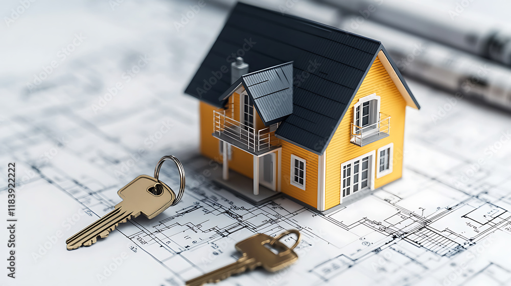 Aufkleber The close up conceptual image of a tiny architectural house 3d model isolated on a blueprint or layout plan design with keys