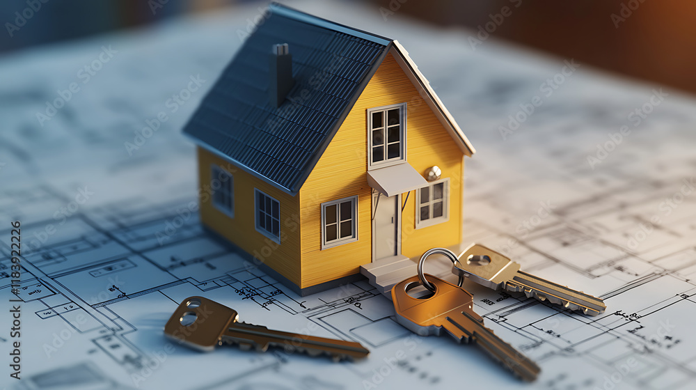 Leinwandbilder the close up conceptual image of a tiny architectural house 3d model isolated on a blueprint or layo