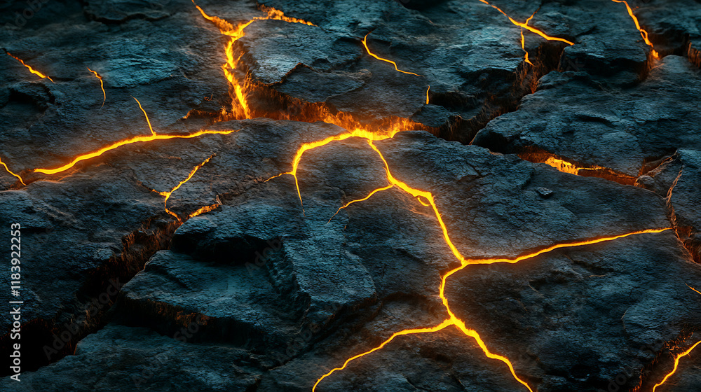 Poster texture background of a rock with glowing neon cracks in the stones