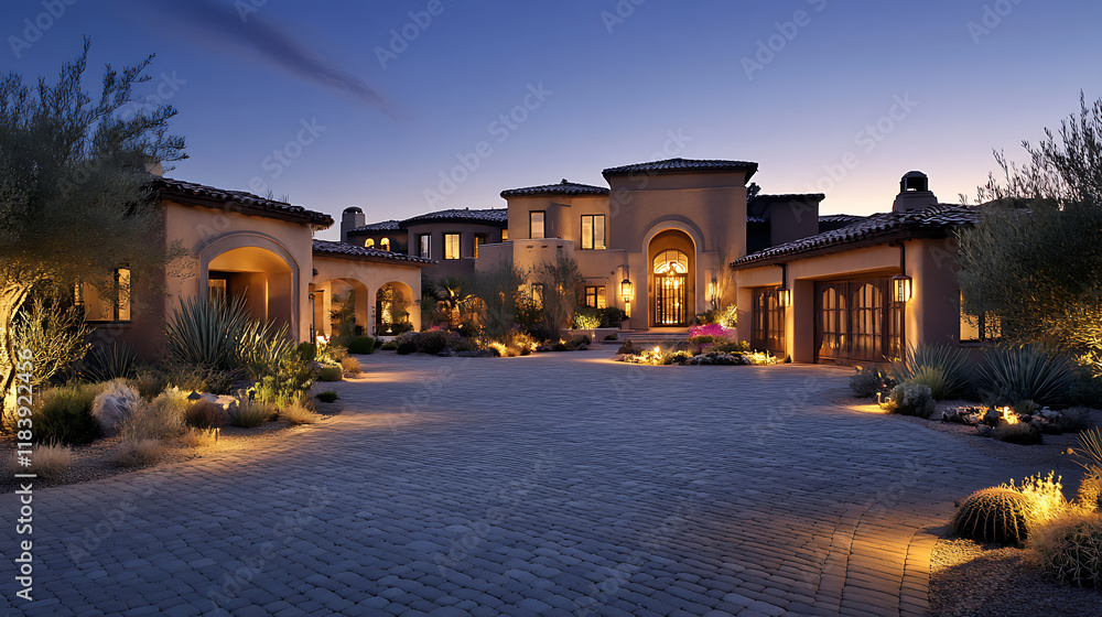 Poster the driveway of an elegant home in the desert, with lights on and large landscaping around it it has