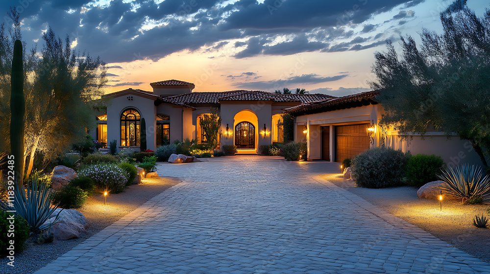 Poster the driveway of an elegant home in the desert, with lights on and large landscaping around it it has