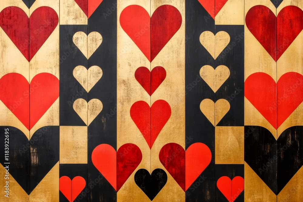 Poster red and gold hearts arranged in a geometric pattern on a wooden surface, creating an interesting vis