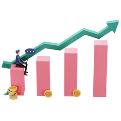 Businessman Sitting on Bar Graph with Upward Arrow Representing Growth and Success