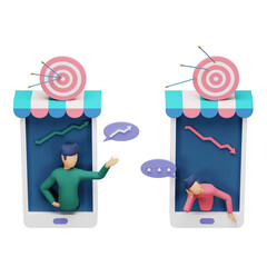 3d Two mobile device screens with individuals and objectives, representing an interactive application.