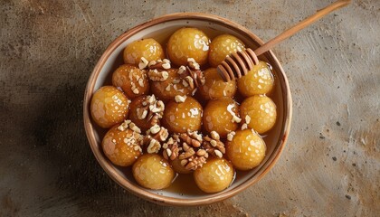 Fototapeta premium Delicious Greek Loukoumades Dessert in Bowl with Honey and Nuts