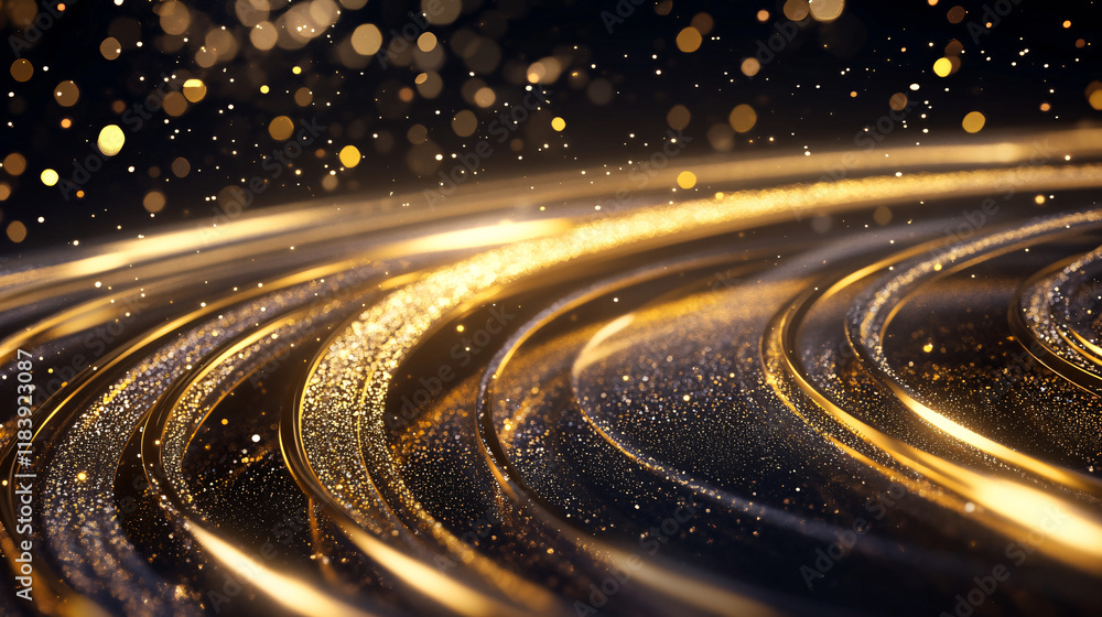 Poster an abstract, elegant design with a glowing gold line within a circle, set on a black background, ref