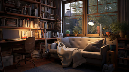 Cozy home office with wooden shelves, warm lighting, and a forest view from large windows, creating a serene atmosphere for work and relaxation in a photorealistic style.