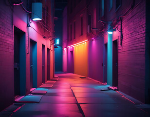 A neon-lit alleyway in a bustling city.