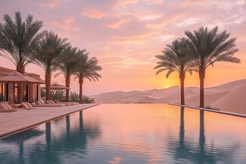 Fototapeta premium Desert Oasis: Serene Sunset Poolside Escape