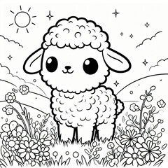 Obraz premium Black white lineart coloring book, cute animal character. Cute Cartoon Character with Big Eyes. Cute lillte sheep coloring book for kids and adult. Simple animal character for coloring book.