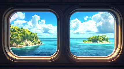 Naklejka premium Two ship windows overlooking an island or tropical sea, travel and adventure concept