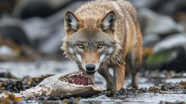 Coastal wolf eating salmon, rocky shore, rain