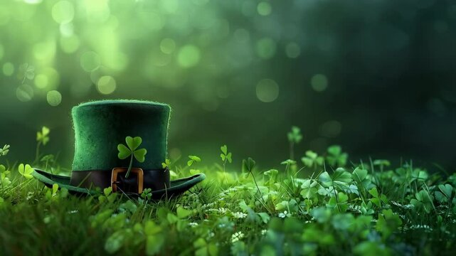 Saint Patrick's day green background with four leaf clover, leprechaun hat and copy space