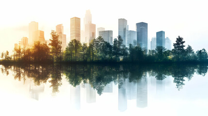 Obraz premium Cityscape Sunrise, Trees, Reflection, Lake, Urban