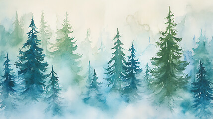 Obraz premium Watercolor winter scene with green and blue pine trees