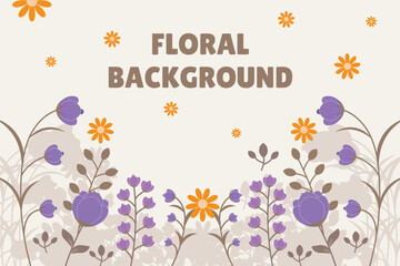 Minimal Beige Floral Background with Purple and Orange Flowers