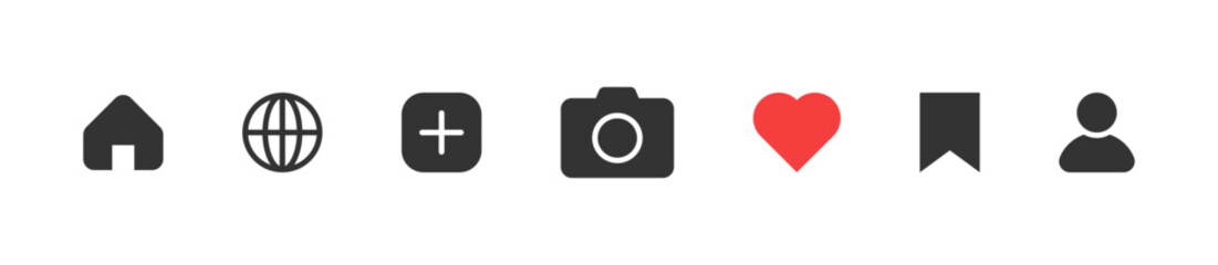 web icons set. home icon, website global icon, add plus new icon, photo camera icon, heart like love icon, bookmark save icon, user icon