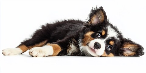 Fototapeta premium Adorable tri-color puppy lying down on white background.