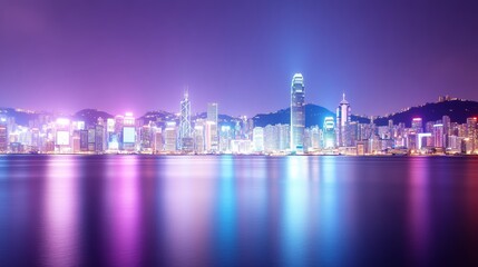 Fototapeta premium Vibrant City Skyline at Night with Reflections on Water.