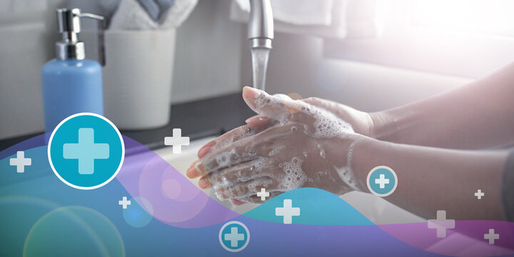 Abstract background. Healthy hand hygiene concept to help prevent germs. Virus, Hand Wash, Soap, Clean, Security, Faucet, Bubble