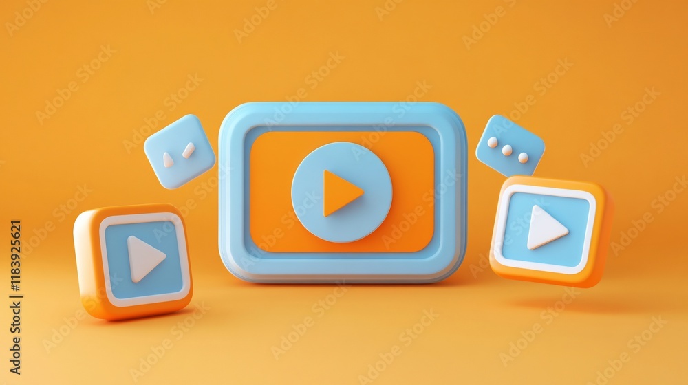 Poster 3d render of play button icons and video player interface on orange background.