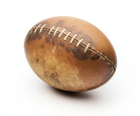 A weathered rugby ball displaying signs of wear and tear on a white background