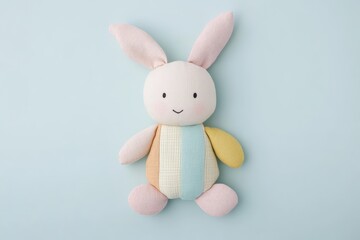 Obraz premium Adorable Handmade Bunny Toy with Colorful Bow Tie on Mint Green Background