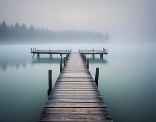 Naklejka premium An old wooden pier extending into a foggy lake.