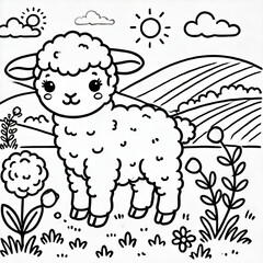 Black white lineart coloring book, cute animal character. Cute Cartoon Character with Big Eyes. Cute lillte sheep coloring book for kids and adult. Simple animal character for coloring book.