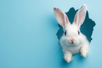Obraz premium Cute white rabbit emerging from a torn blue wall in a playful and whimsical setting