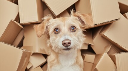 Fototapeta premium Playful Puppy Popping Out of Cardboard Boxes in Fun Moving Concept