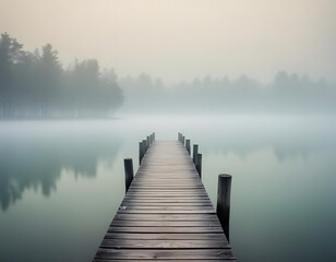 An old wooden pier extending into a foggy lake.
