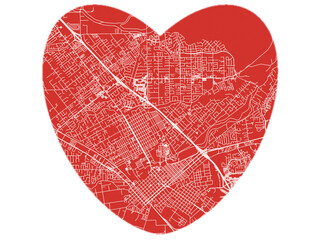 Heart-Shaped Map of Chico California, USA in Bold Red and White Design.