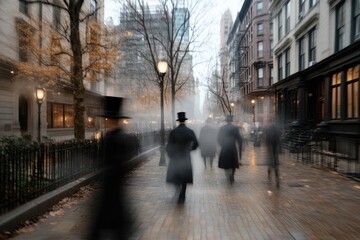 In a fog-covered city, several figures dressed in dark coats and tall hats stroll along a cobblestone street lined with old buildings, creating an enigmatic atmosphere at dusk