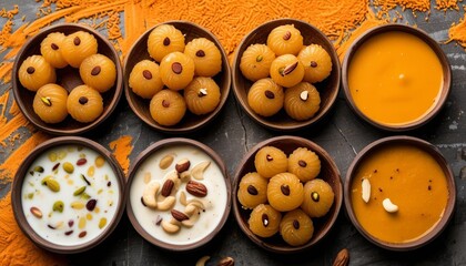 Obraz premium Traditional Indian Sweets and Desserts Served in Bowls on a Colorful Table