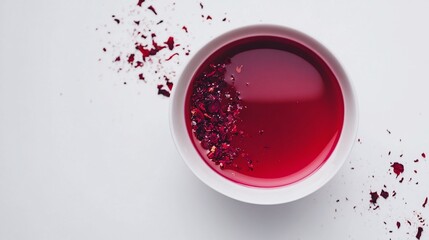 Overhead view of a bowl of red herbal tea with scattered petals.