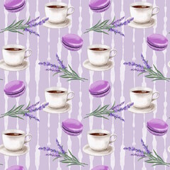 Seamless pattern with cups of coffee, french macaroon cakes and lavender flowers
