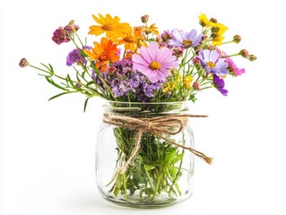 Colorful bouquet of wildflowers in a glass jar tied with twine, perfect for brightening any space © CaptureCollabStudios