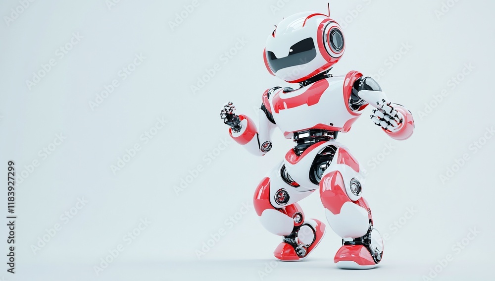Poster a red and white robot in a dynamic pose against a white background.