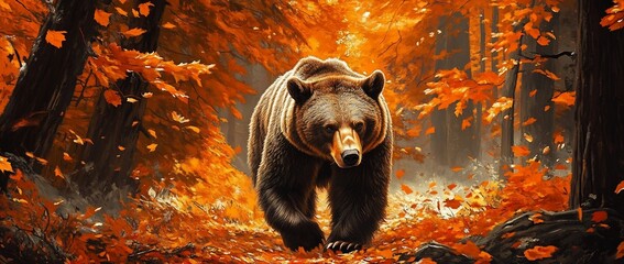 Majestic brown bear walking in autumn forest.