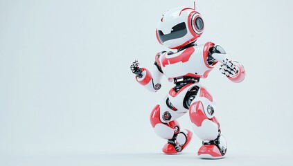 A red and white robot in a dynamic pose against a white background.