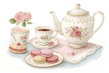 Fototapeta premium Elegant watercolor teacup and saucer set with roses for tea party decor and design.