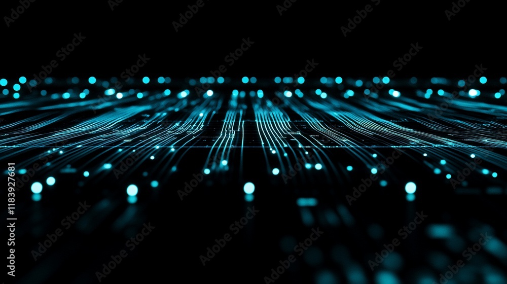 Poster abstract digital data stream, glowing lines and particles on black background.