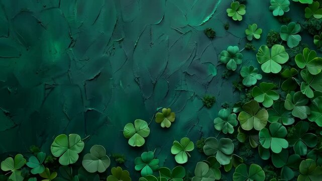 shamrock leaves on the green table, Saint Patricks day background with copy space