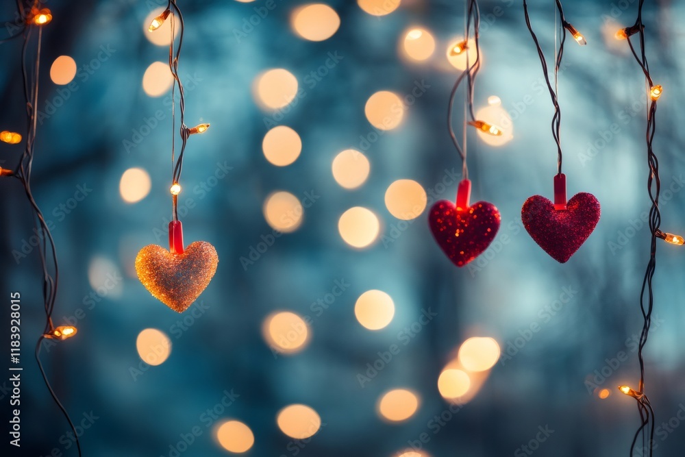Poster glittering heart shaped ornaments hanging from illuminated string lights create a warm, romantic glo