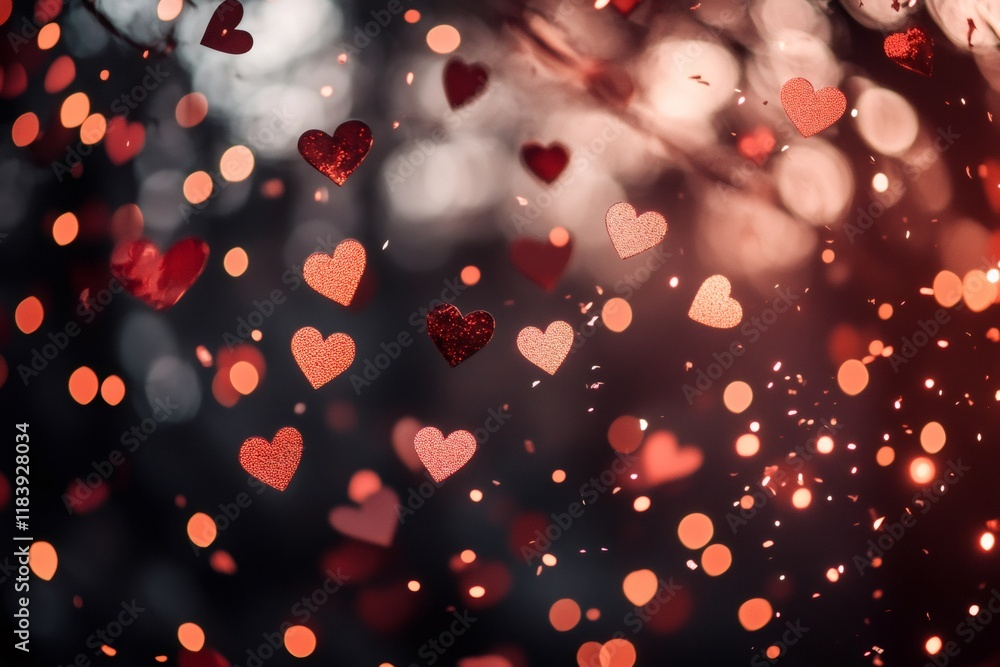 Poster red hearts falling over a blurred background with bokeh effect and sparkling confetti, creating a ro